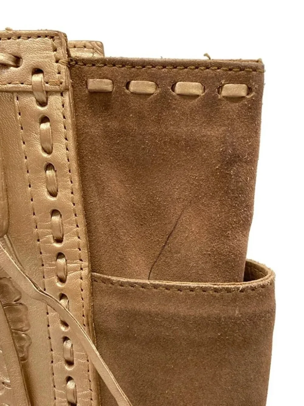 Carving Tribes Gold Brown Leather Suede Tote Bag
